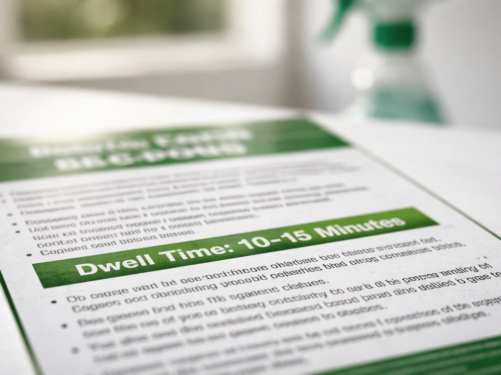 Close-up of a patio cleaner product label highlighting the dwell/contact time instructions.