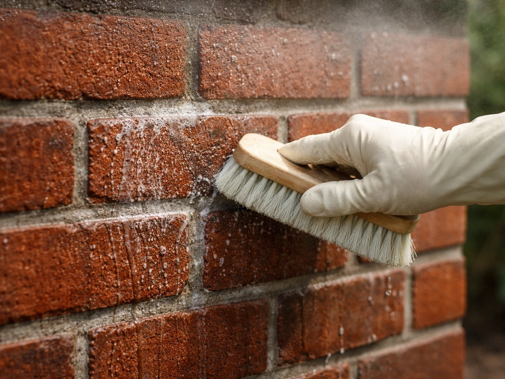 Close-up of pre-wetted brick as a cleaner is brushed on, with wet droplets showing dwell time.