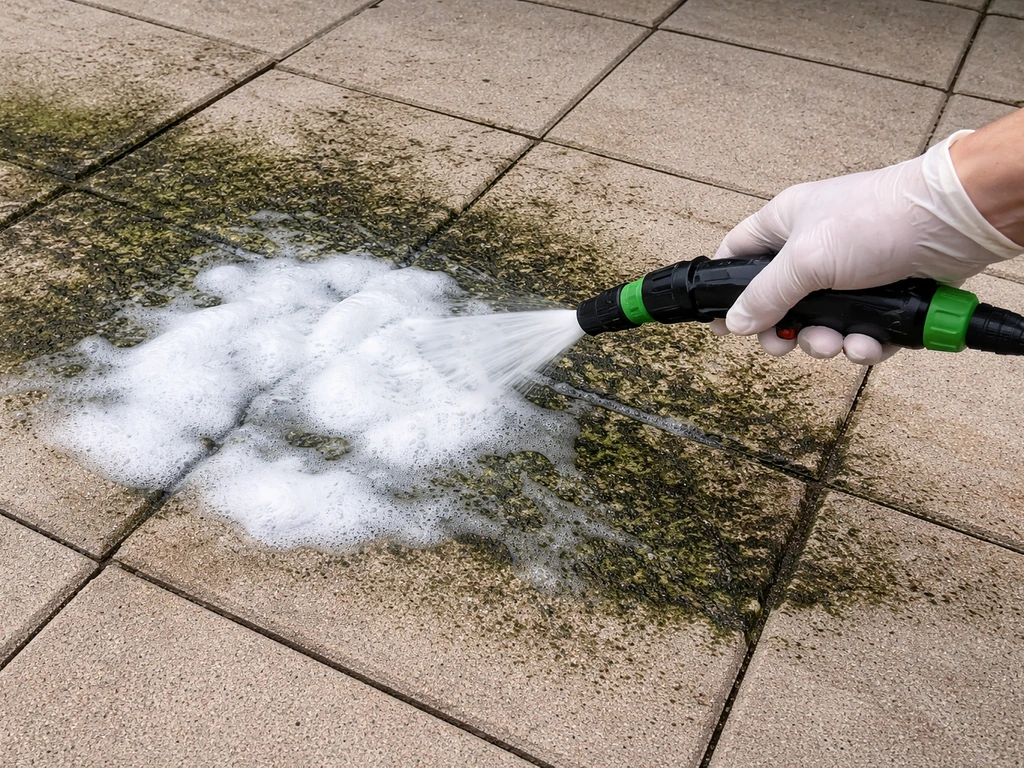 Gloved hand spraying foamy cleaner that clings to dark green/black patio mold and algae growth.