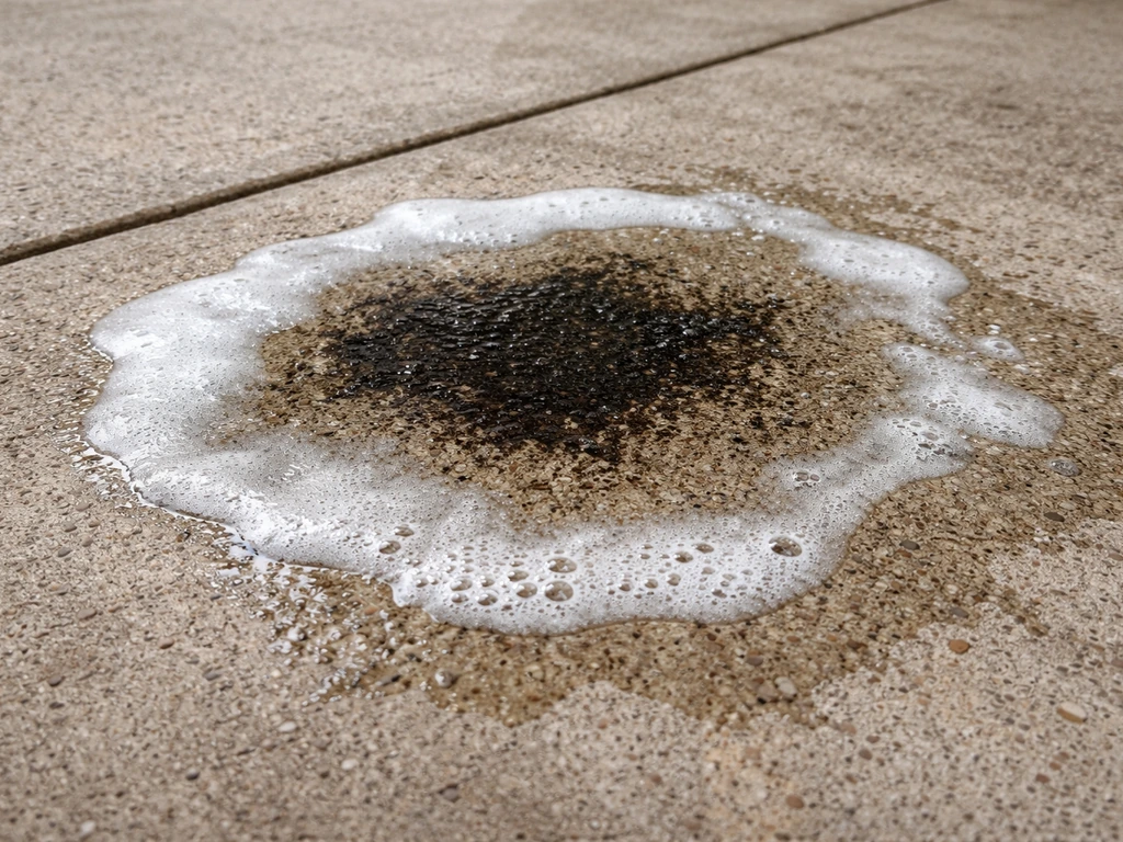 Concrete patio with an alkaline degreaser wetly soaking a visible greasy oil stain.