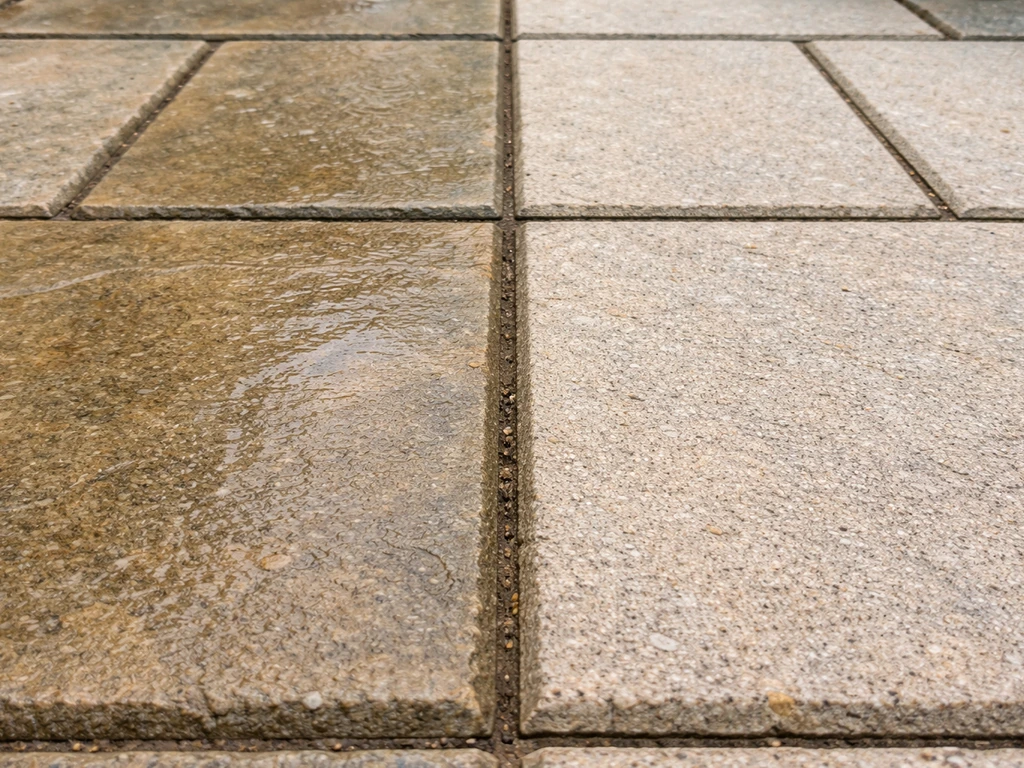 Close-up of patio stones showing dried sticky residue on one section versus a clean rinsed area.