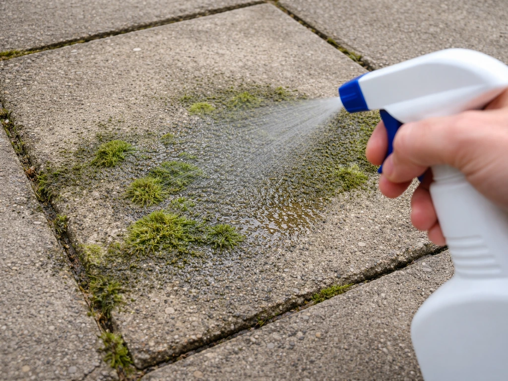 Spray bottle applying patio cleaner on a dry, algae-stained patio turning darker as it wets the surface.