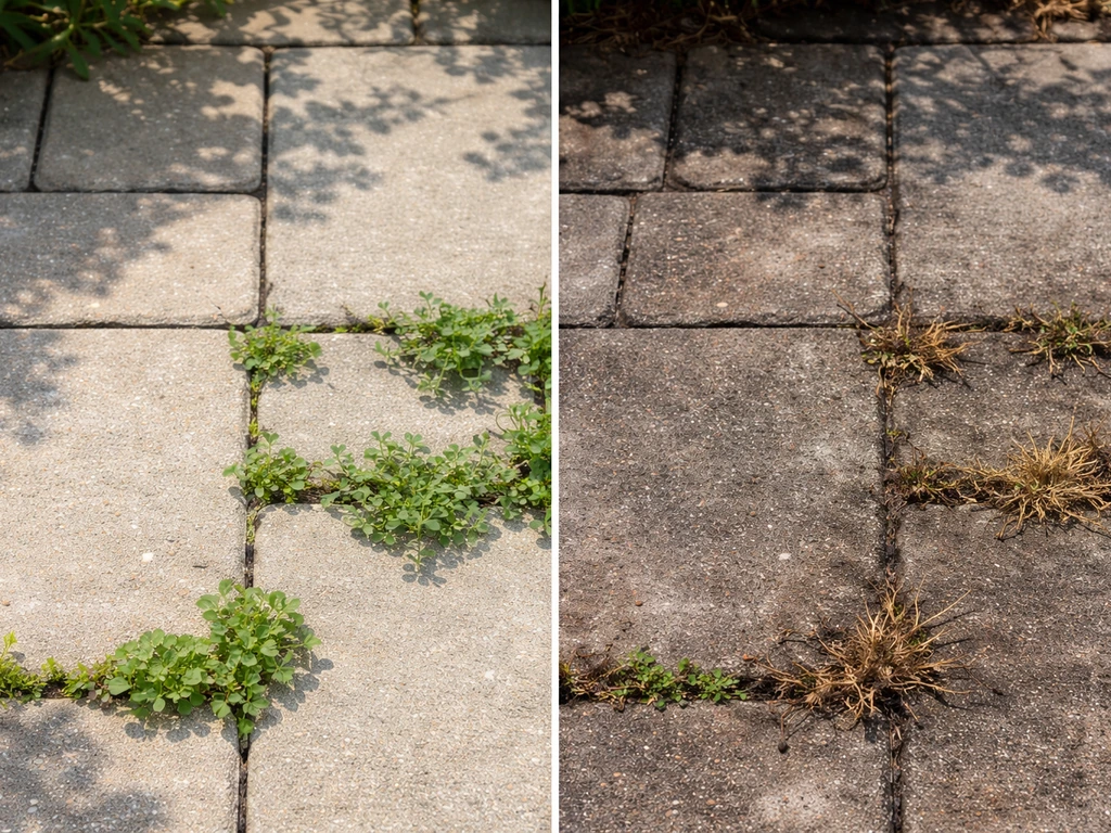 Two adjacent patio sections: treated side stays green and clean; rinsed-off side looks dark and plants wilted.