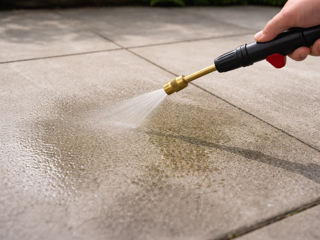 Person applying diluted Patio Magic to a concrete patio with a sprayer nozzle; algae begins dying back with minimal stai