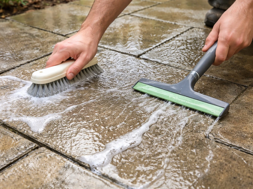 Anonymous hands brushing and squeegeeing away patio residue and streaks as water rinses off.