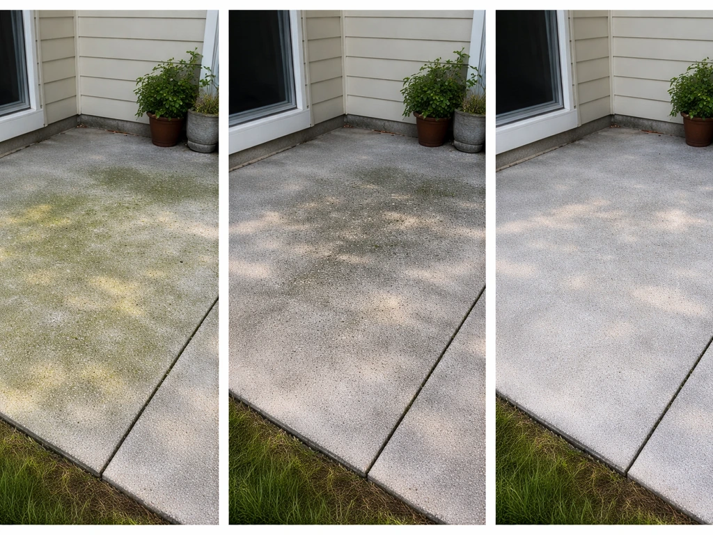Treated outdoor patio showing moss and algae gradually darkening and clearing over time