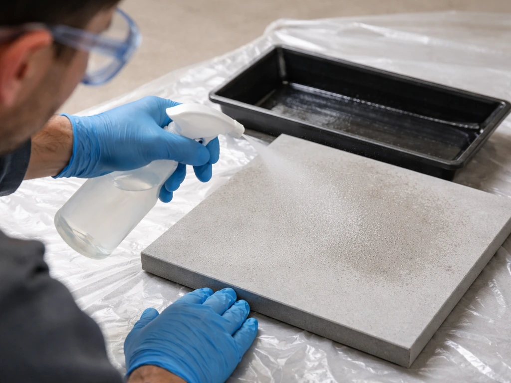 Gloved hands applying product to a dry surface with an even spray, runoff-safe setup and safety eyewear