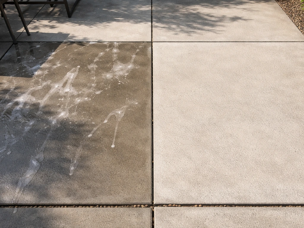 Side-by-side patio concrete sections: uneven damp-treated left vs properly prepped evenly treated right.
