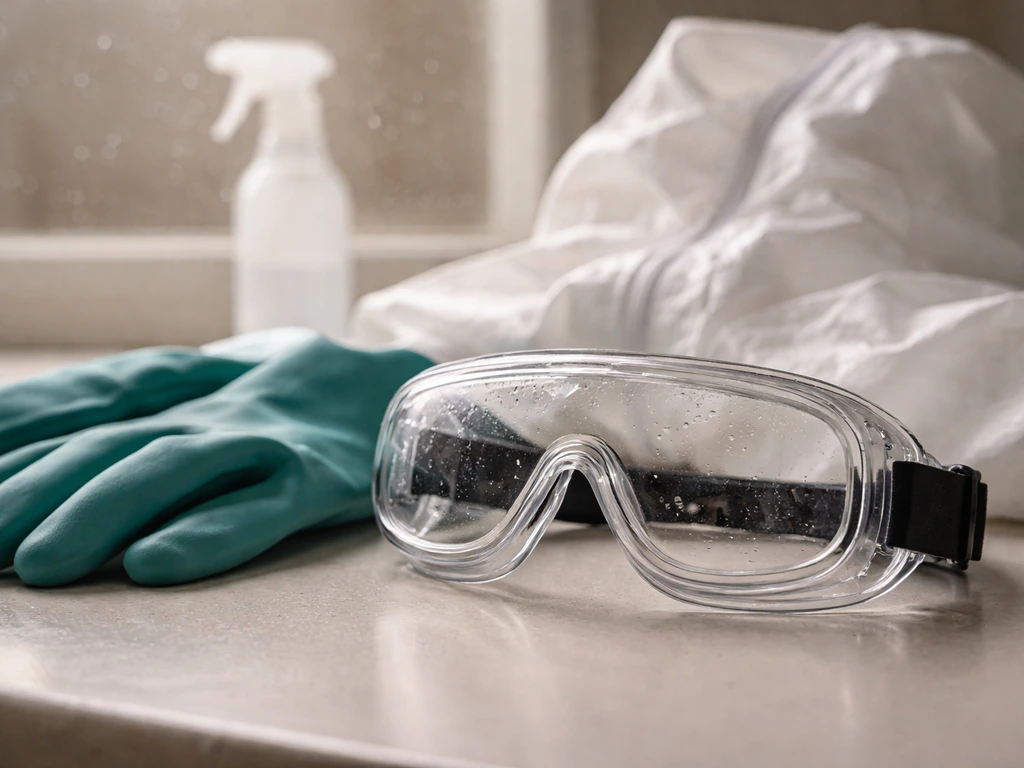 Close-up of safety goggles, chemical-resistant gloves, and protective clothing for spraying.