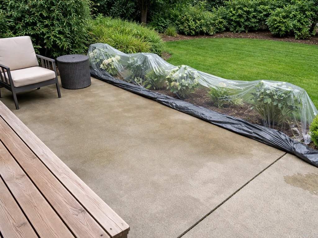 Outdoor patio prep: covered plants at the edge while furniture is moved for cleaning