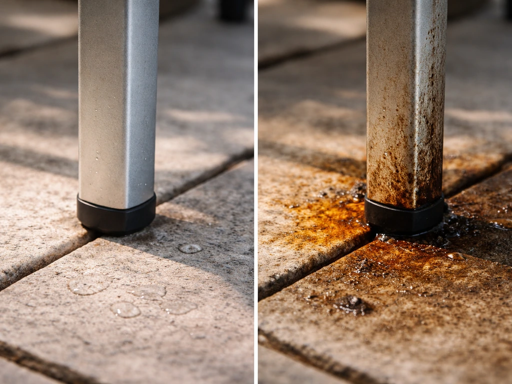 Patio metal table legs showing two sides: one cleaned stain-free, the other with rust/grease marks unchanged