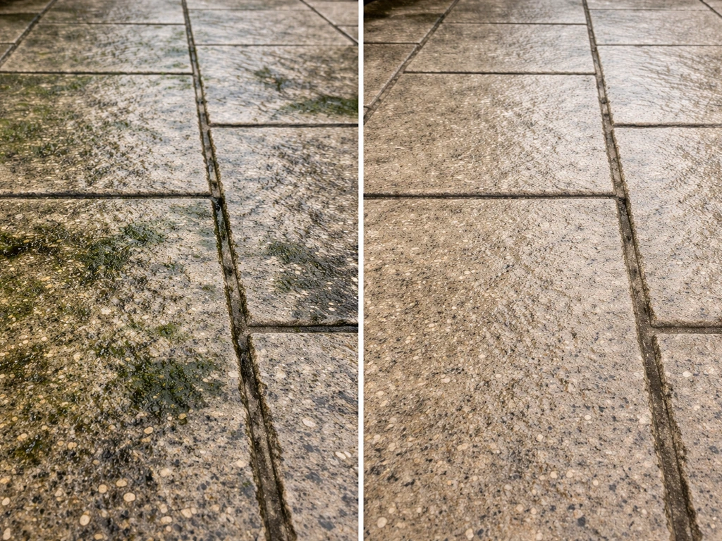 Split view of patio before and after treatment, algae/mold fading on a textured surface.