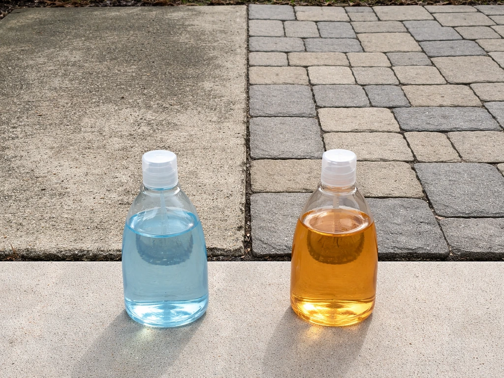 Side-by-side photo of concrete and pavers with two generic cleaner bottles indicating safe chemistry choice