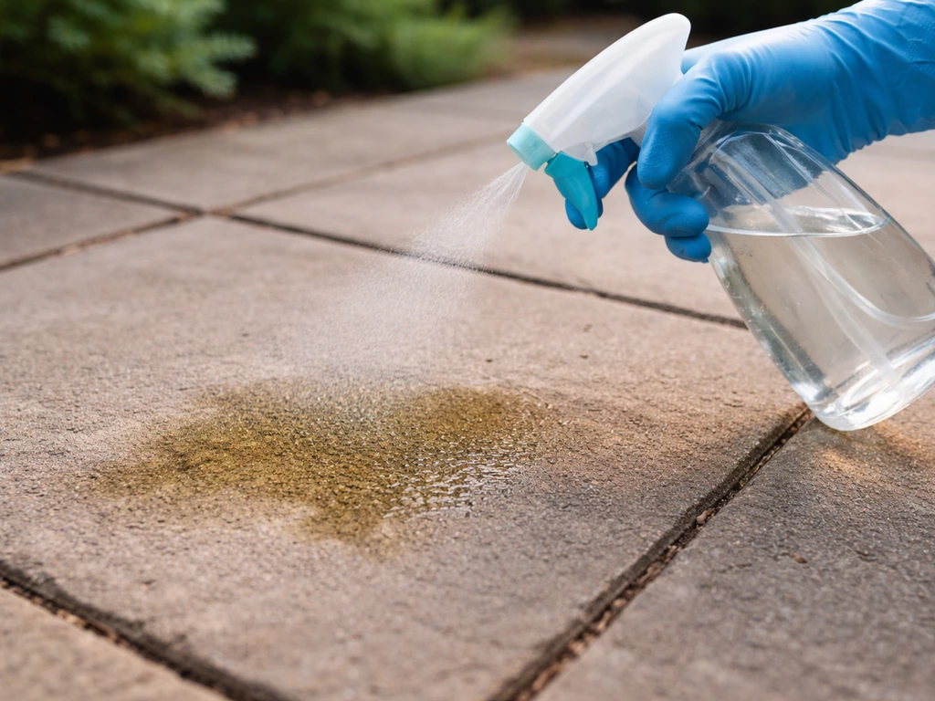 A gloved hand sprays enzymatic cleaner onto a discolored pet-urine spot on a patio stone.