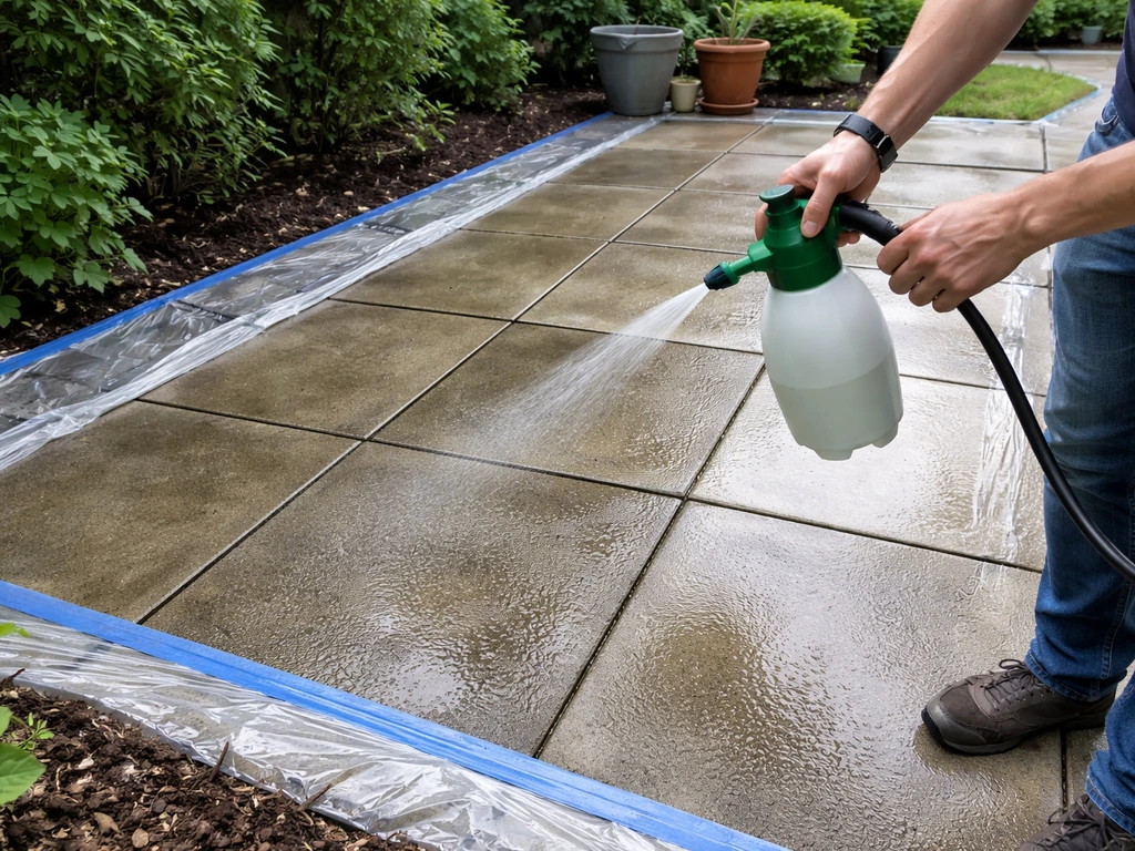 Garden cleaner setup on a patio: plastic edging masked, furniture removed, applying cleaner with a sprayer.