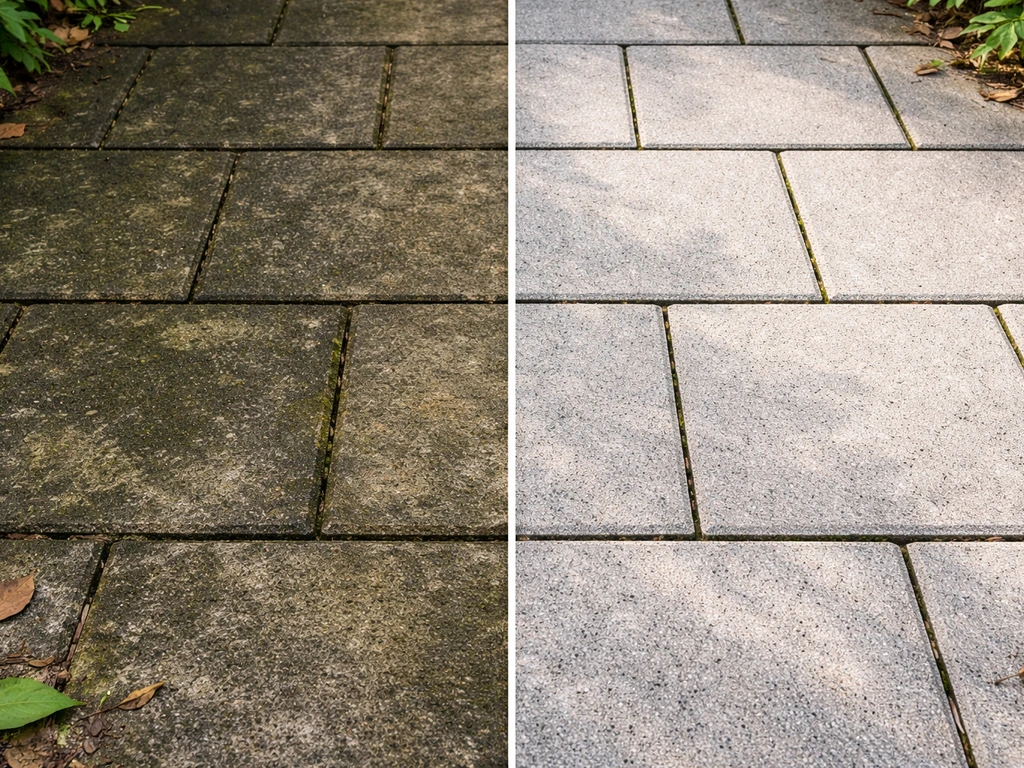 Side-by-side photo of a patio section before and after cleaning, algae removed and surface brightened