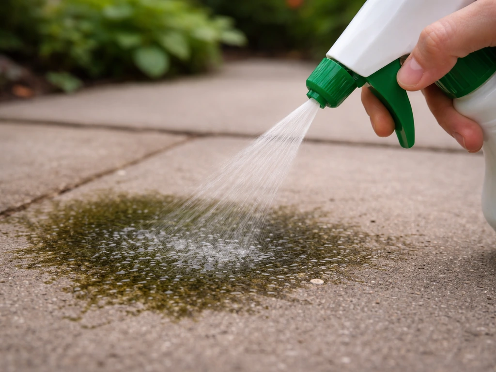 Handheld cleaner spraying onto an outdoor patio with a visible green algae/mold patch.