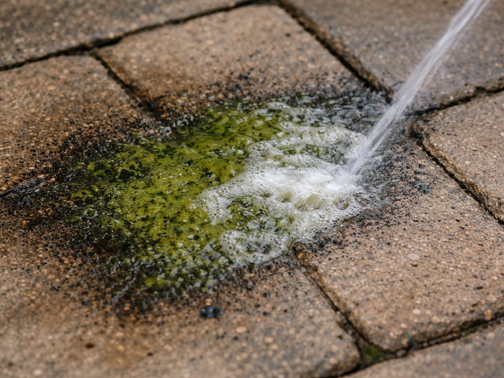 Close-up patio paving with green algae slime being treated, residue lifting as it breaks down.