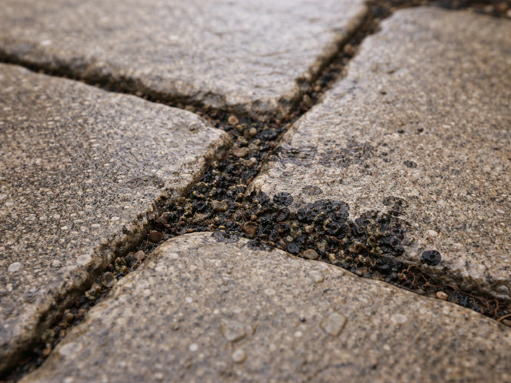 Black spot lichen on natural stone paving with dark patches still remaining after partial cleaning.