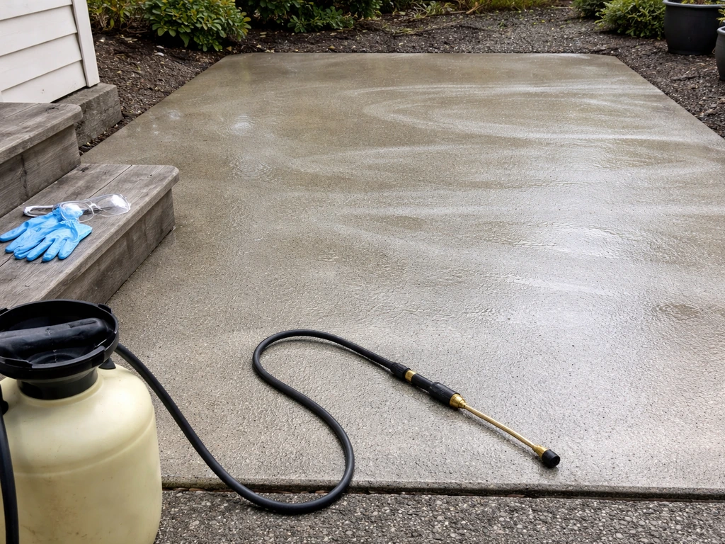 Cleared patio surface with spray coverage pattern and safety gear laid out nearby