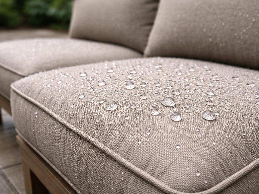 Patio cushion fabric with water beads and a rain-like sheen after waterproofing spray.