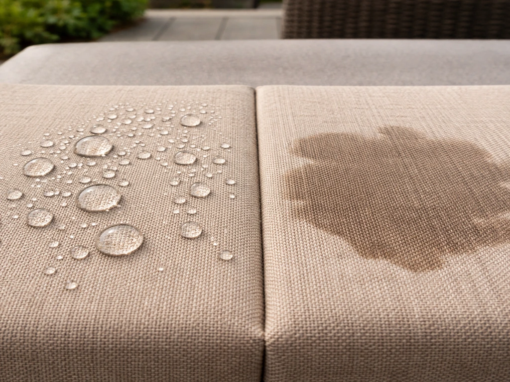 Water droplets bead on treated patio cushion fabric while untreated fabric absorbs water