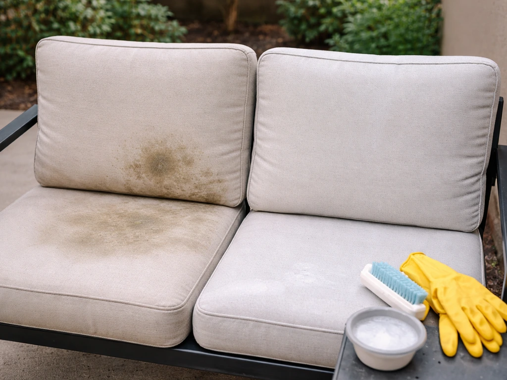 Patio cushion being cleaned: visible mildew spot on one cushion, another cushion prepared before waterproofing.