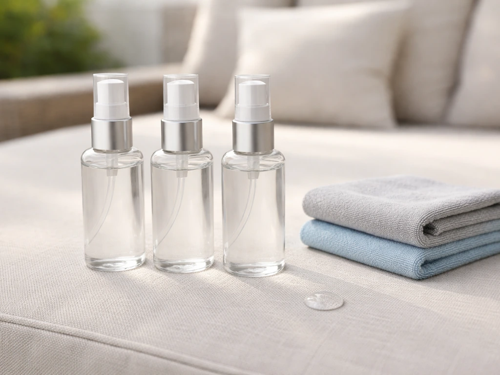 Assortment of waterproofing spray bottles arranged on an outdoor patio cushion fabric backdrop.