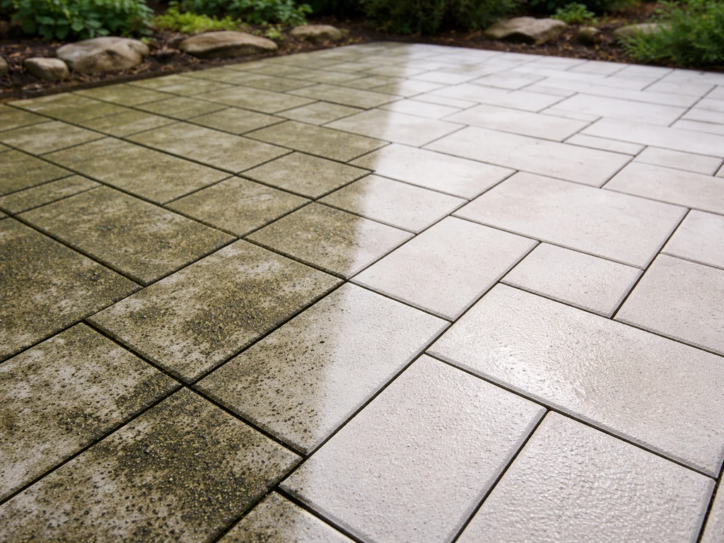 Split view of a patio before and after chlorine cleaning, algae removed and surface left bright and clean.