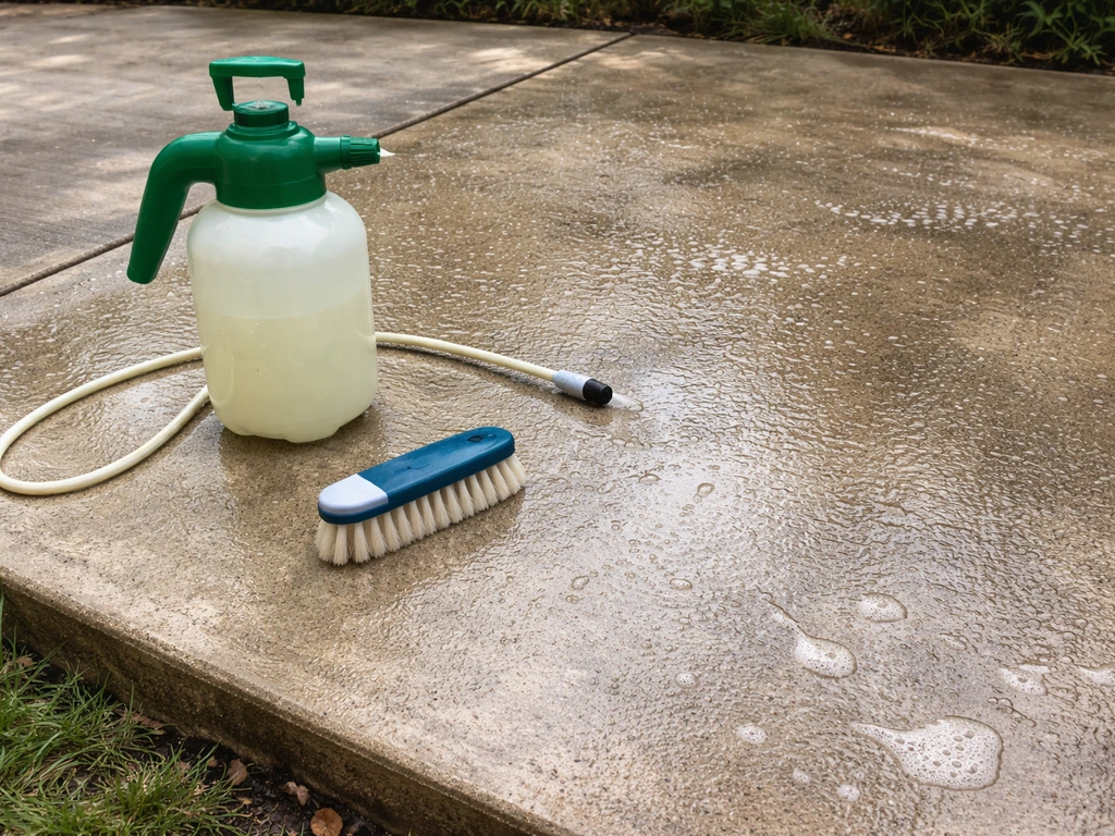 Diluted bleach solution sprayed onto a clean concrete patio, surface evenly wet for controlled dwell time.