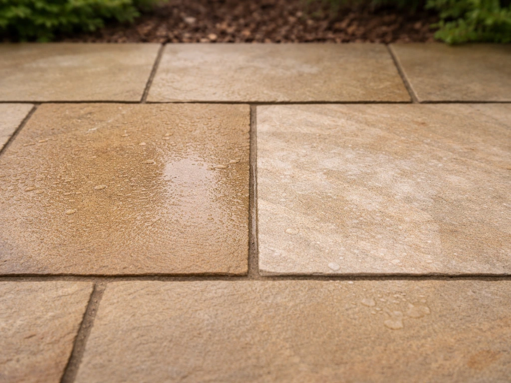 Close view of a sandstone patio with one properly treated area and a lighter patch from harsh bleach