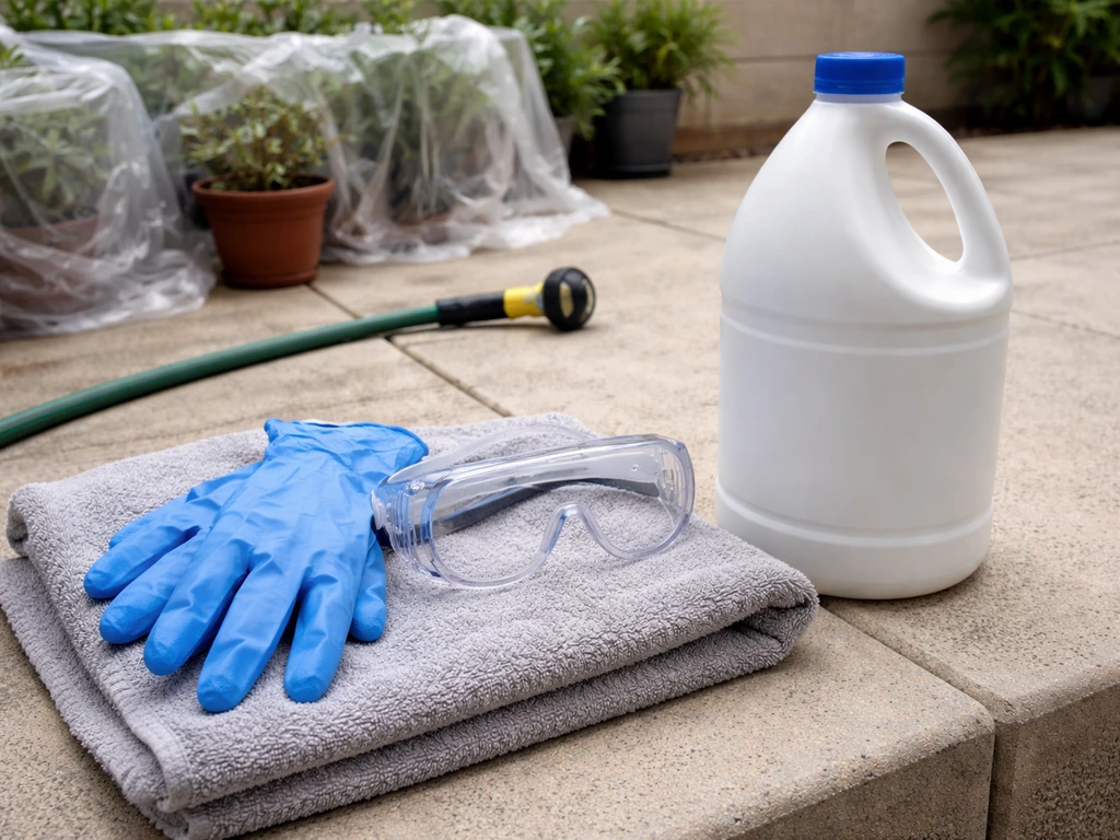 Nitrile gloves and safety goggles on a patio beside a hose, with plants covered from bleach contact.