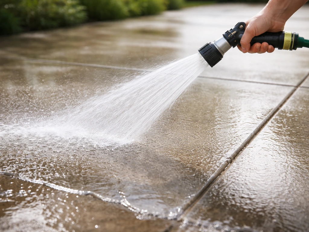 Garden hose spray rinsing a chlorine-treated patio, water runoff carrying residue away.
