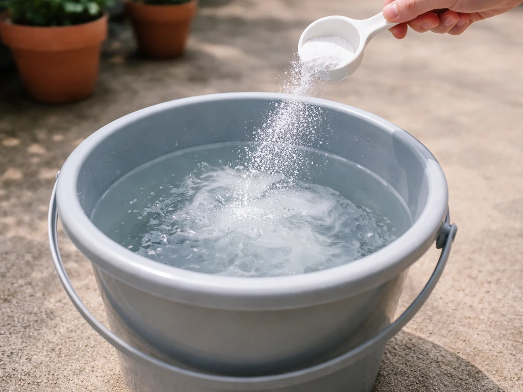 Oxygen bleach powder being mixed in a bucket on a patio to create a gentler cleaning solution.
