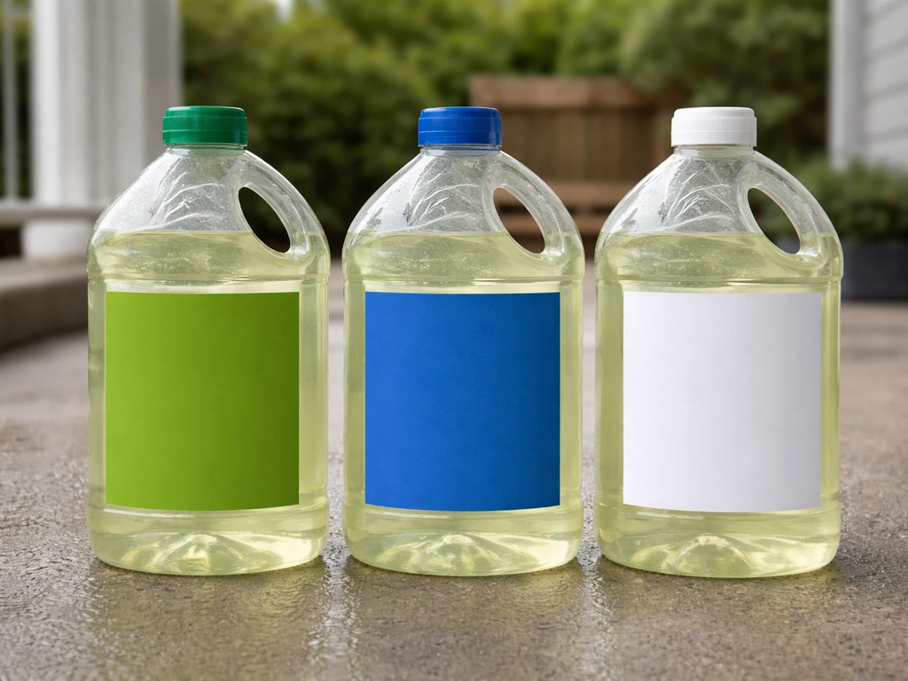 Three Zep patio cleaner bottles lined up on a porch surface for a product comparison.