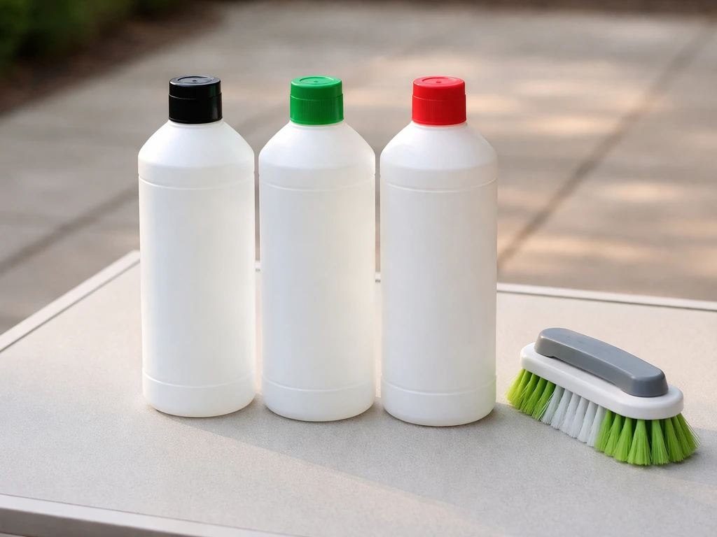 Three unlabeled spray bottles and a small cleaning brush on a patio table, representing Zep patio cleaners.