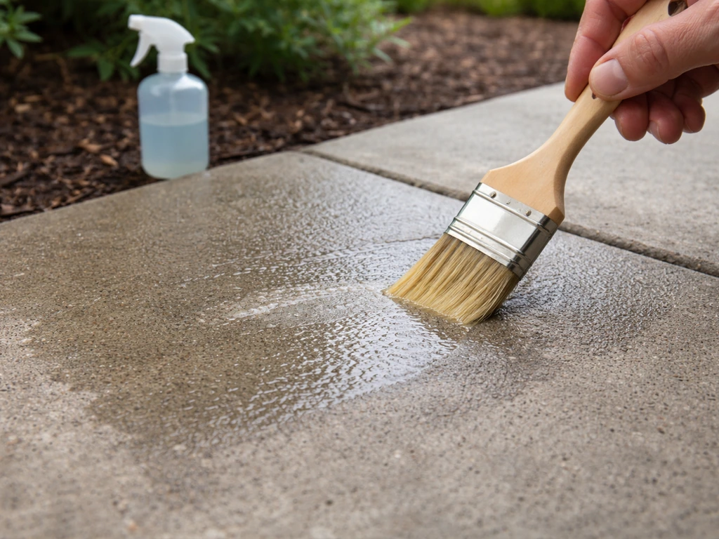 Hand brushing diluted concrete degreaser onto a small patio section after light wetting.