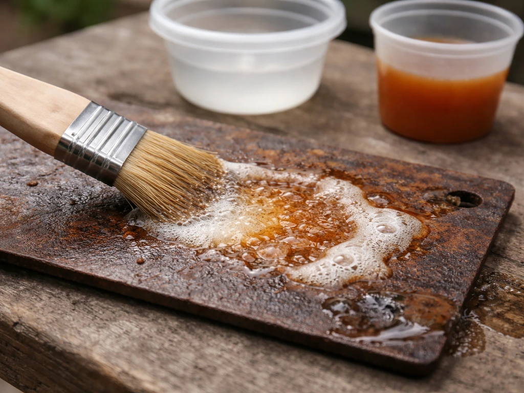 Rust-stained surface being brushed with an acidic cleaner, with bubbling foam from an active treatment
