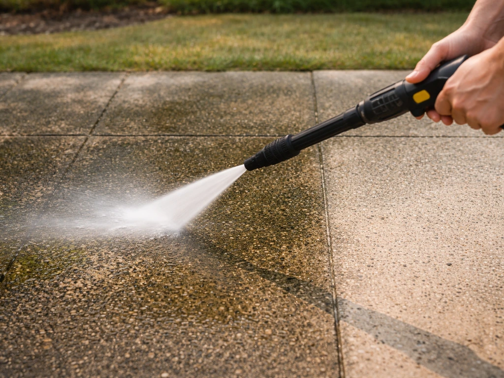 Close-up of a pressure washer wand cleaning a textured patio with visible algae and grime buildup.