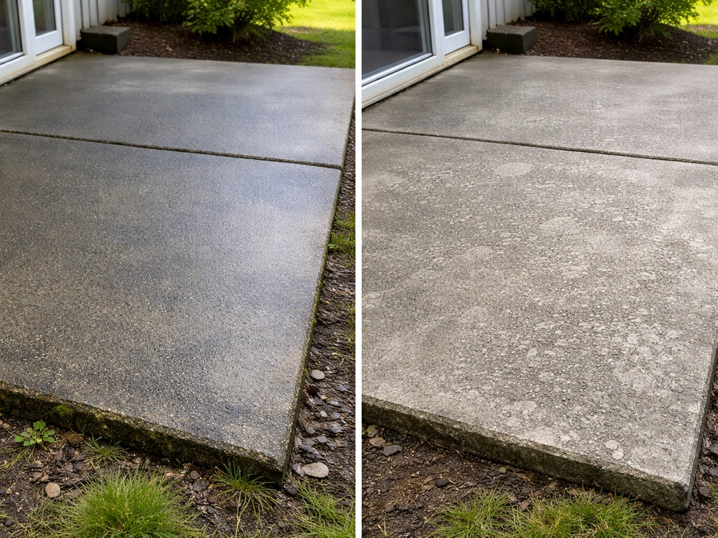 Split view of a pressure-washed concrete patio: left cleaner, right visibly damaged and roughened surface.