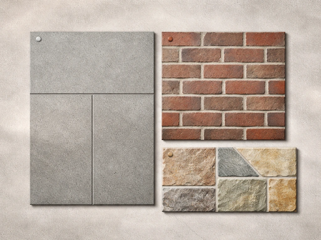 Photo-style close-up of concrete, brick, and stone patio surface samples laid out side by side.