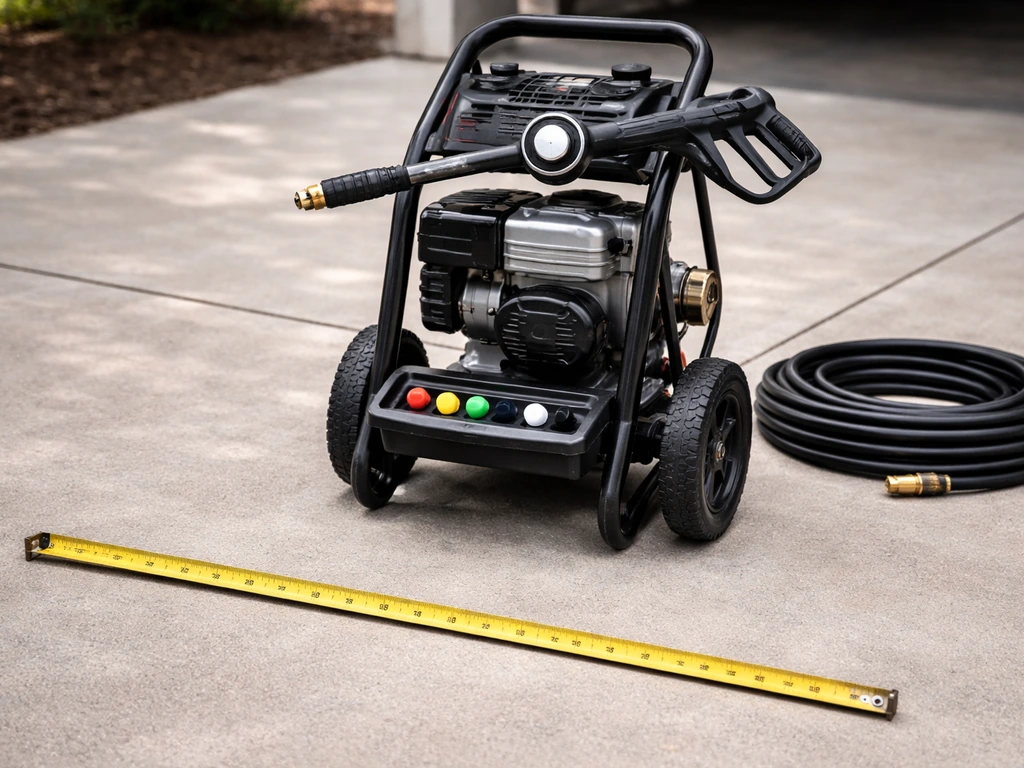 Pressure washer with visible PSI selector and nozzle tips beside a measuring tape for safe distance