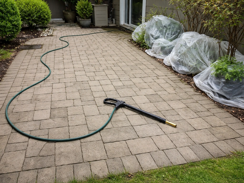 Cleared patio with hose and pressure-washer wand ready; nearby plants covered with a tarp.