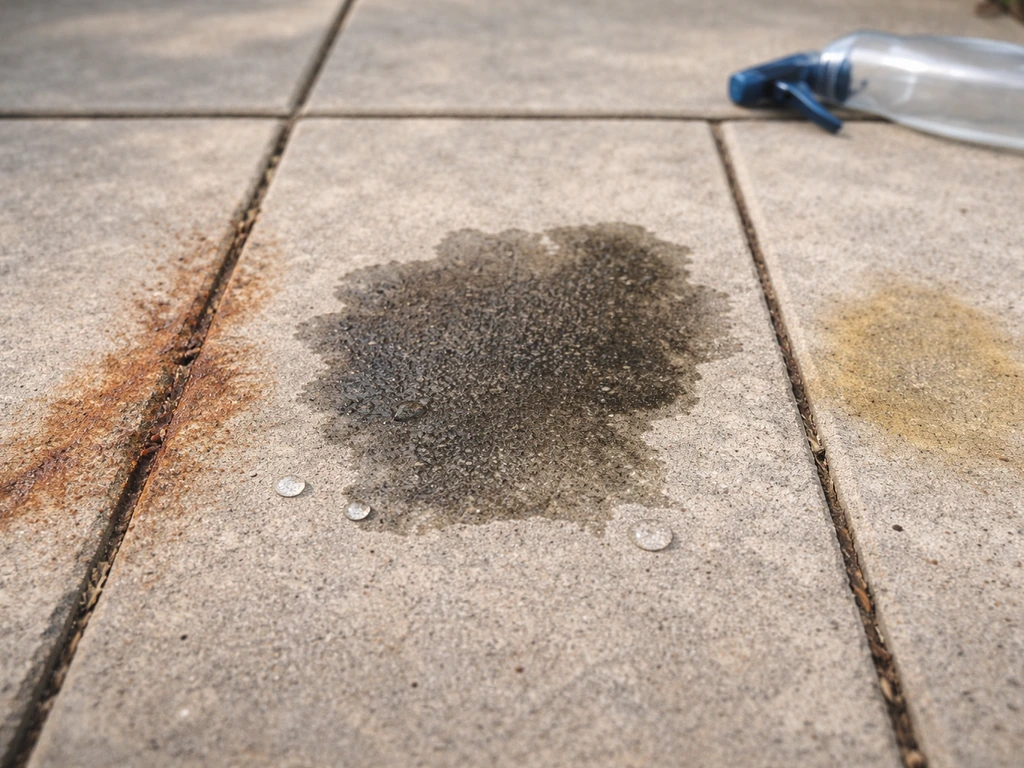 Close-up patio concrete showing rust, oily dark patches, and faint urine-like discoloration stains.