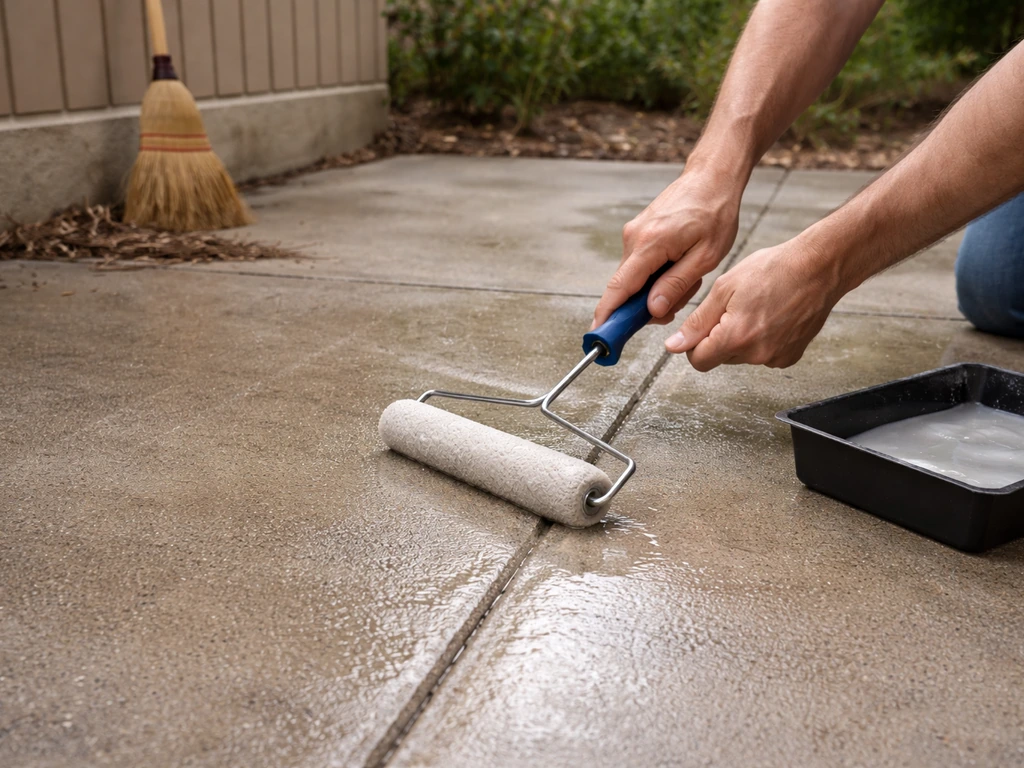 Homeowner applying patio sealer with roller on freshly cleaned patio; broom nearby with light debris
