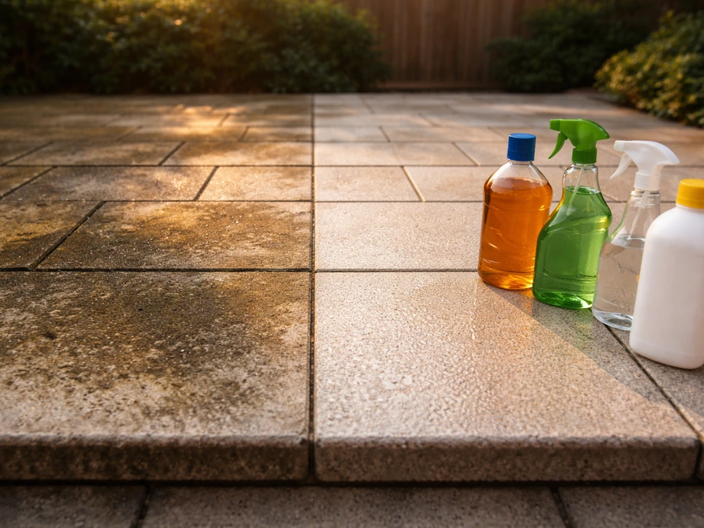 Freshly cleaned patio showing stain contrast and neatly arranged patio cleaner bottles nearby.