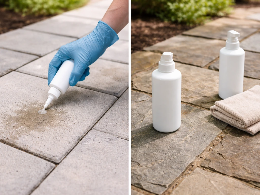 An anonymous gloved hand tests patio cleaners on concrete pavers vs natural stone, with bottles nearby.