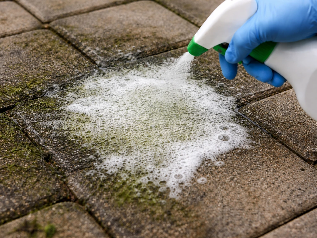 Gloved hand applies oxygen-based cleaner to moldy patio pavers, showing darker-to-faded stain during soak.