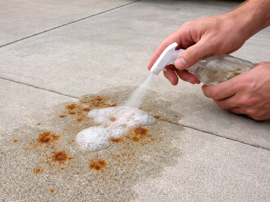 Hands spray oxalic-acid rust remover onto orange rust spots on concrete with a cleaner area nearby.