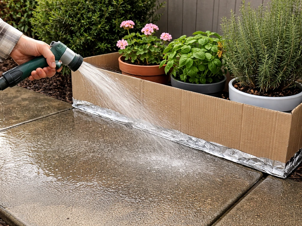 Garden hose rinses a cleaned patio section while a nearby plant is protected with a simple cardboard barrier.